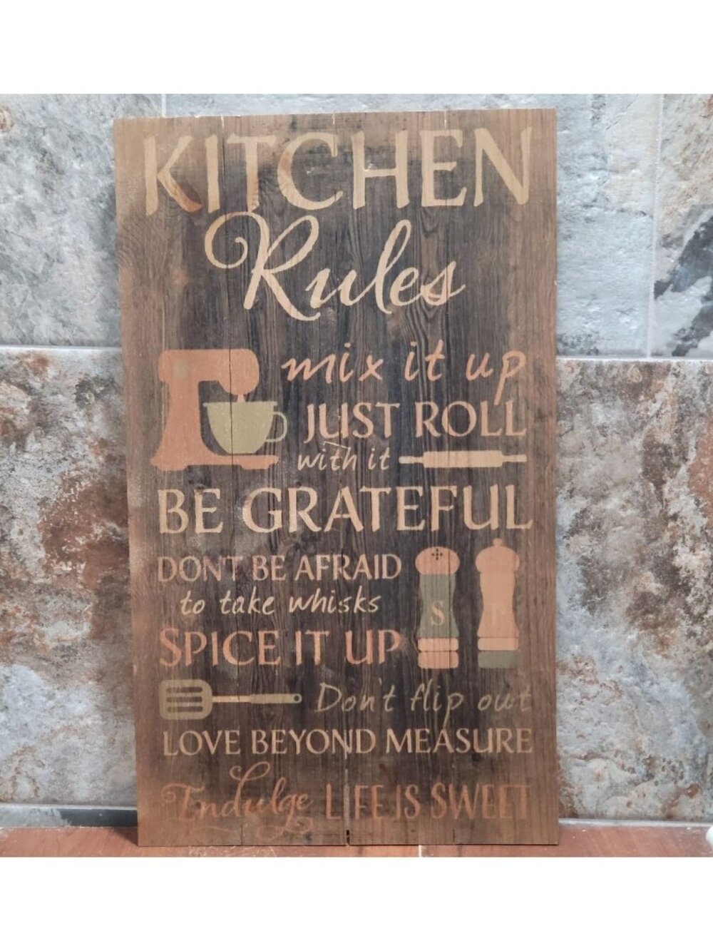 P Graham Dunn Kitchen Rules Distressed Wood Pallet Wall Art Sign Plaque 24x14